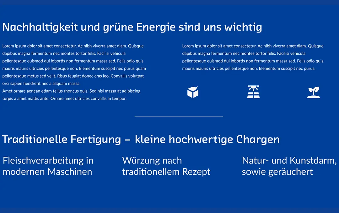 Blaue Infografik zu Nachhaltigkeit und grüner Energie mit Symbolen für Produktion und Umwelt.