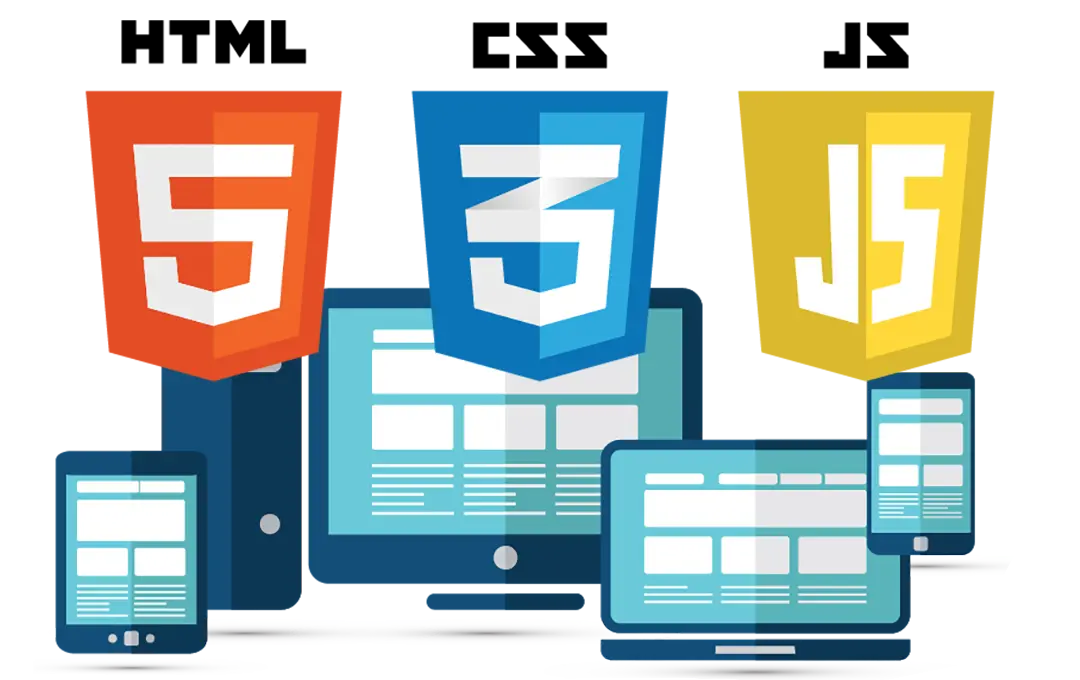 Logos von HTML5, CSS3 und JavaScript auf digitalen Geräten als Symbol für Webentwicklung.