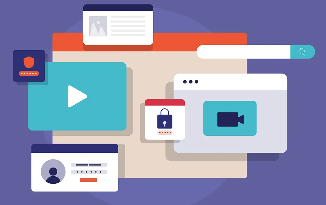 Digitale Collage mit Videosymbolen, Nutzerprofilen und Schlössern zum Thema Online-Sicherheit.